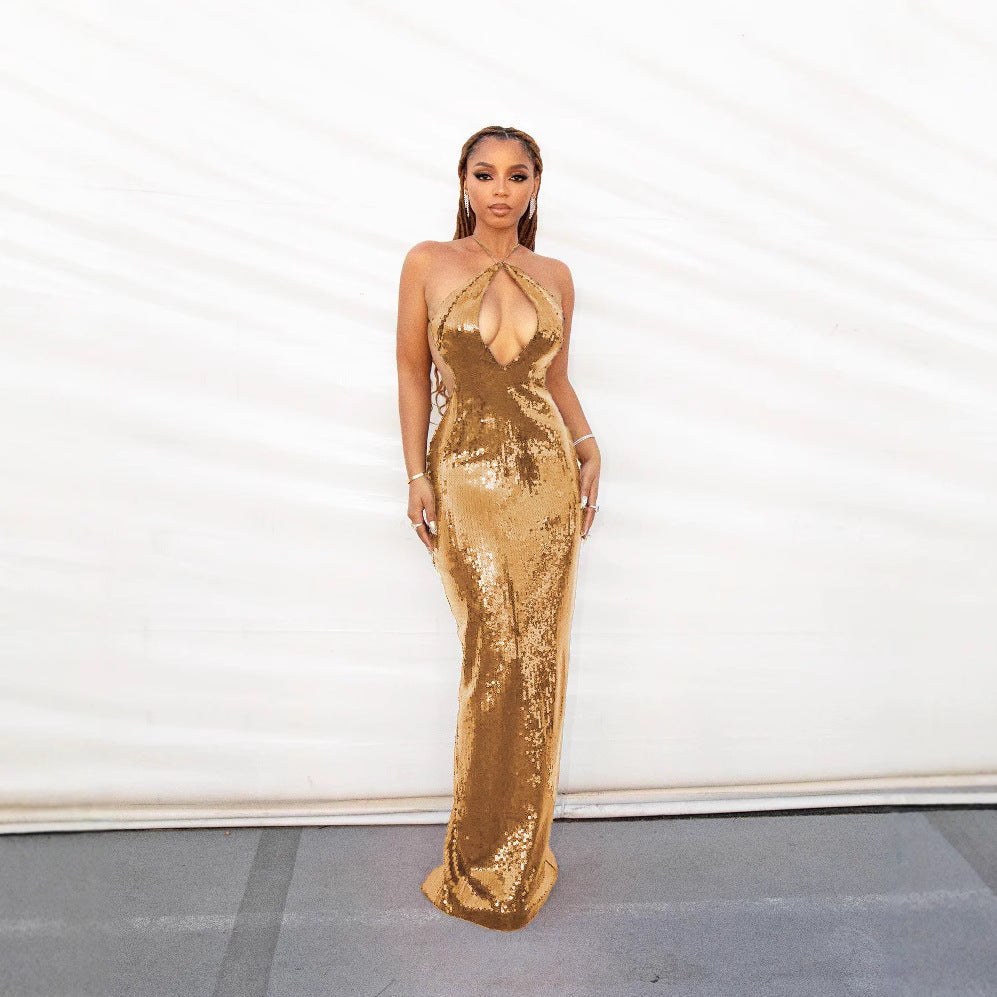 Women's High-grade Nightclub Hollow Halter Backless Sequin Dresses