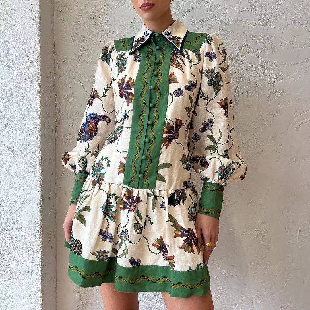 Single-breasted Long Lantern Sleeve Iti Printing Dress