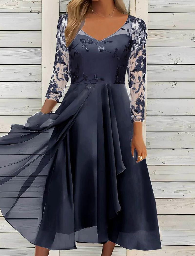 Dress Chiffon Patchwork Mesh Hollow Long Dresses