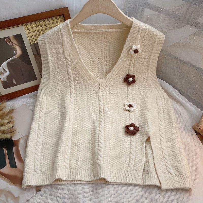 Artistic Retro Split Solid Color Three-dimensional Flower Loose Outer Women's Vest