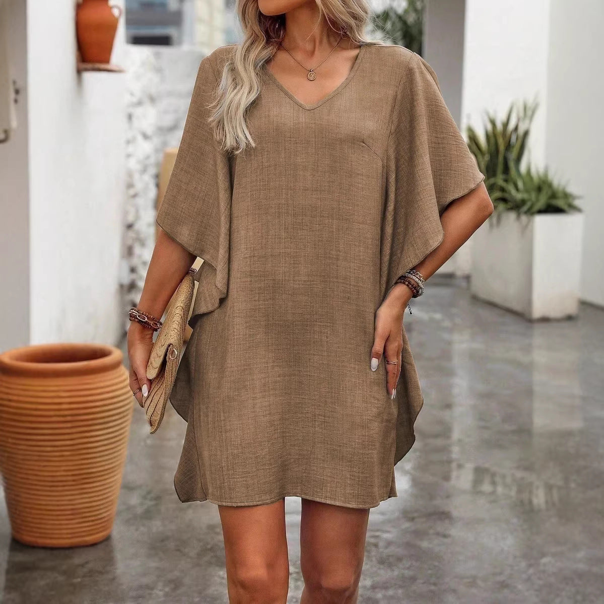 Women's Summer Solid Color Loose Lotus Leaf Dress