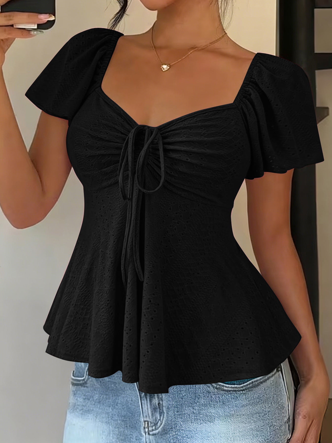 Women's Collar Beam Tie Sexy Sleeve Solid Shorts