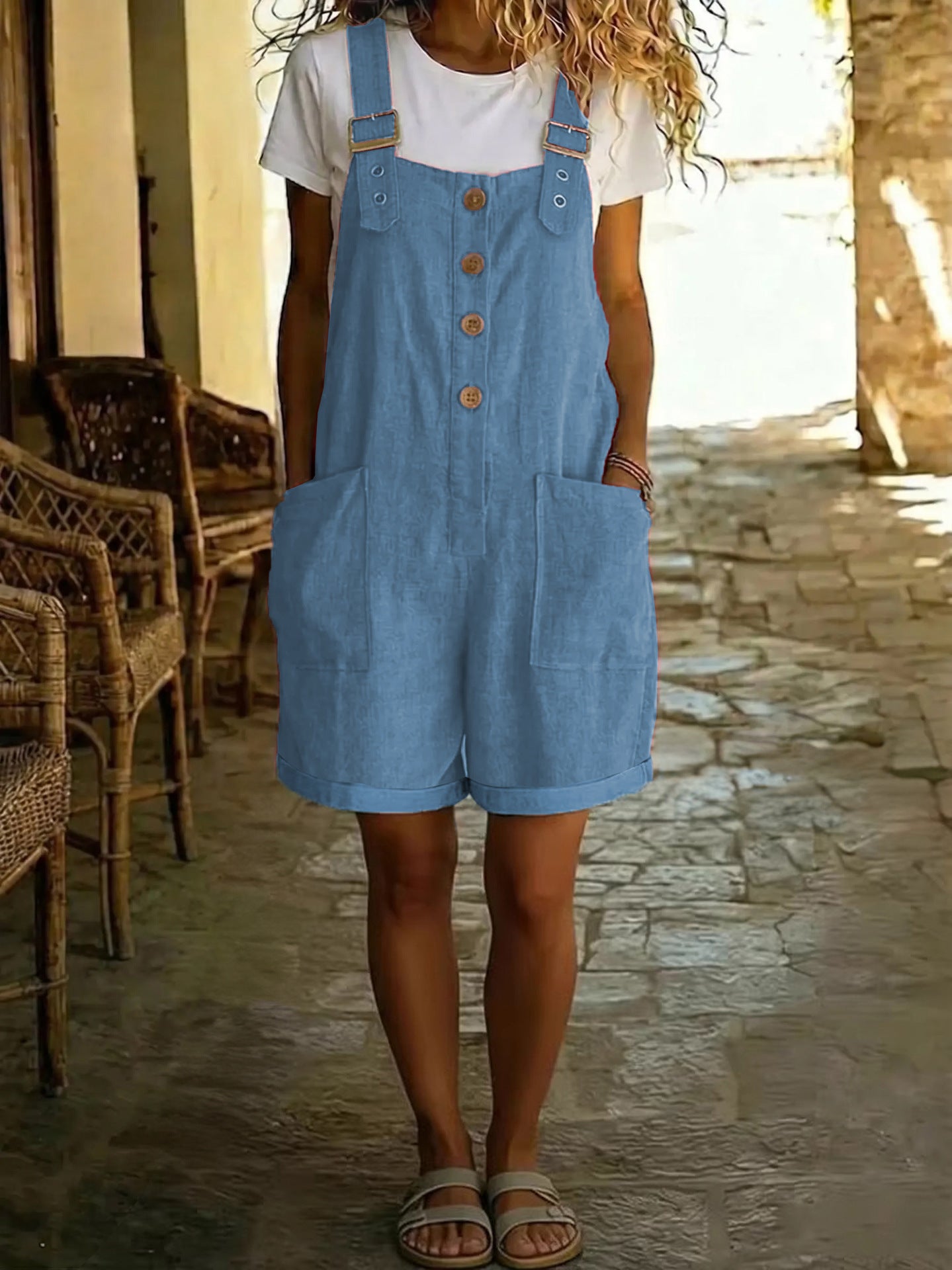 Women's Summer Linen Solid Color Retro Pocket Straight Women's Jumpsuit/clothing