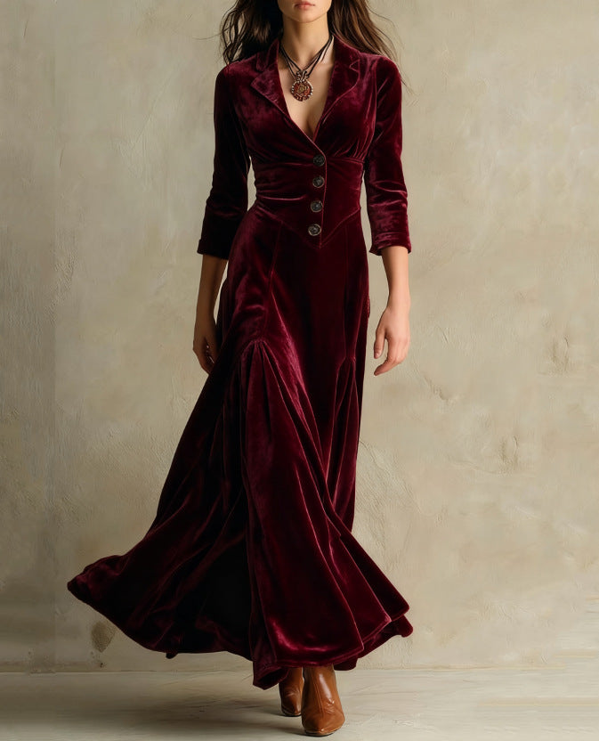 Women's Color Buttons Lapel Sleeve Maxi Dress Dresses