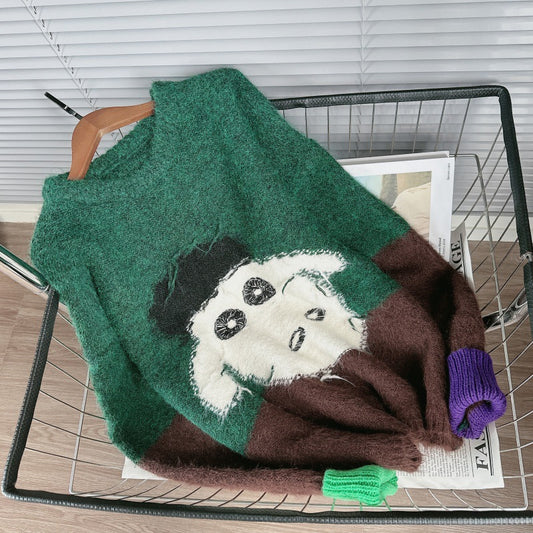 Women's Soft Glutinous Idle Style Contrast Color Design Jacquard Sweaters