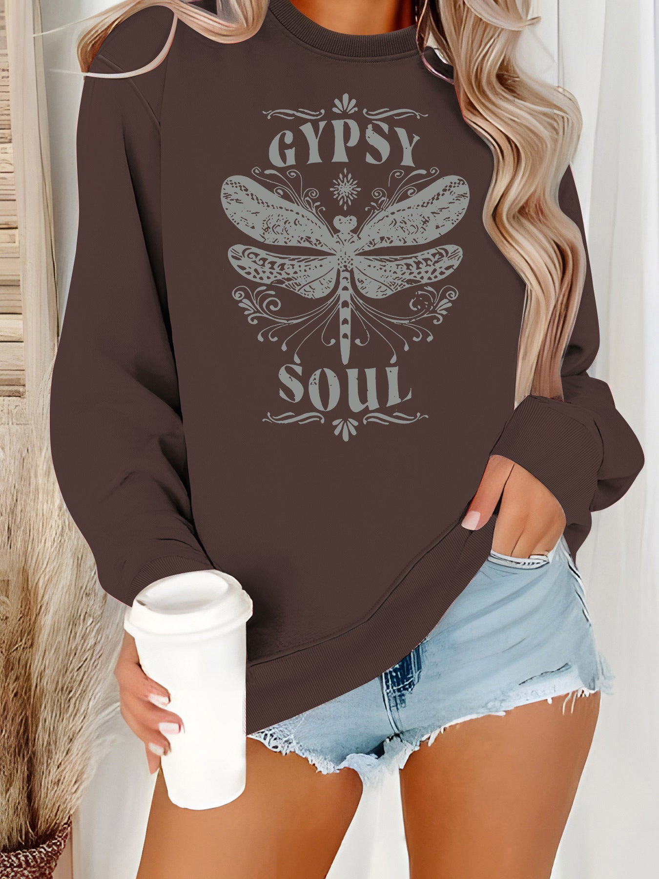 Women's Fashion Base Long-sleeved Dragonfly Round Neck Design Sweaters