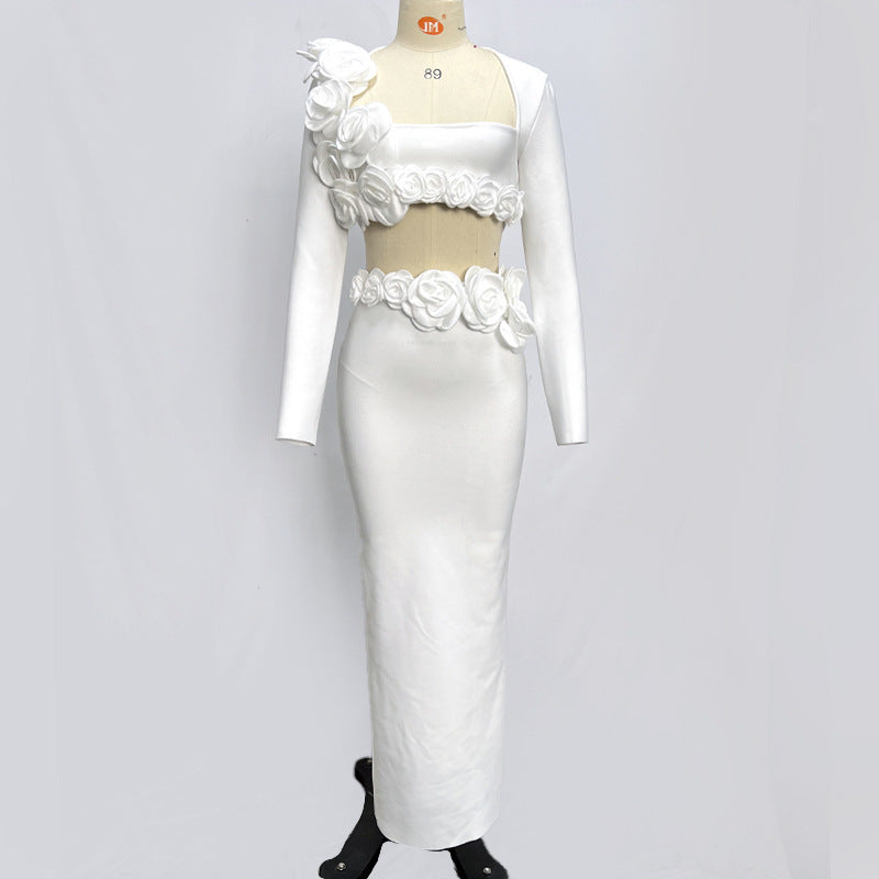 Black White Long-sleeved Flower Bandage Dress Suits