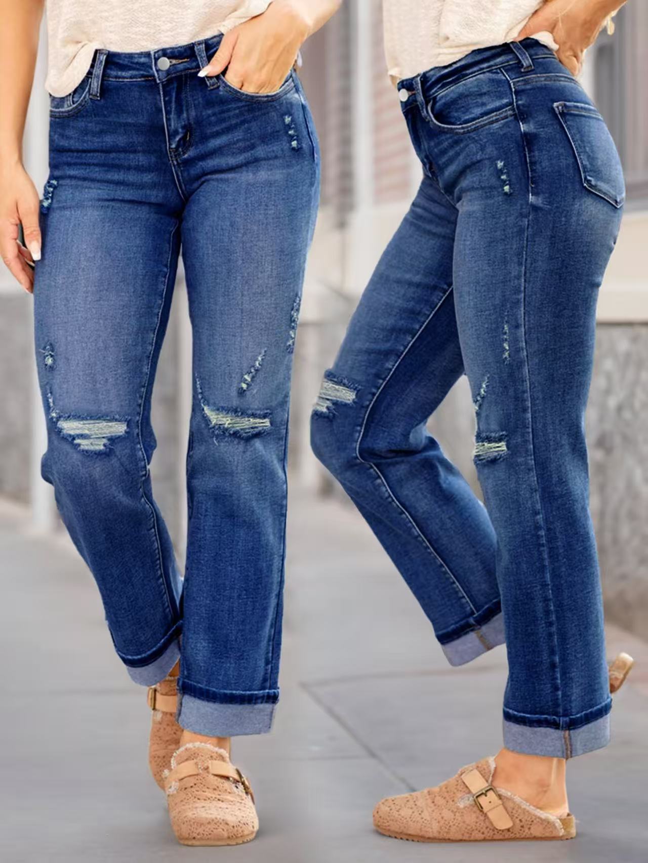 Women's Comfortable Ripped Elastic Straight Denim Trousers Women's Jeans