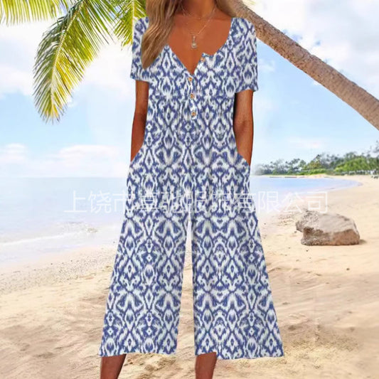 Women's Vintage Print Collar Decorated With Buttons Jumpsuits