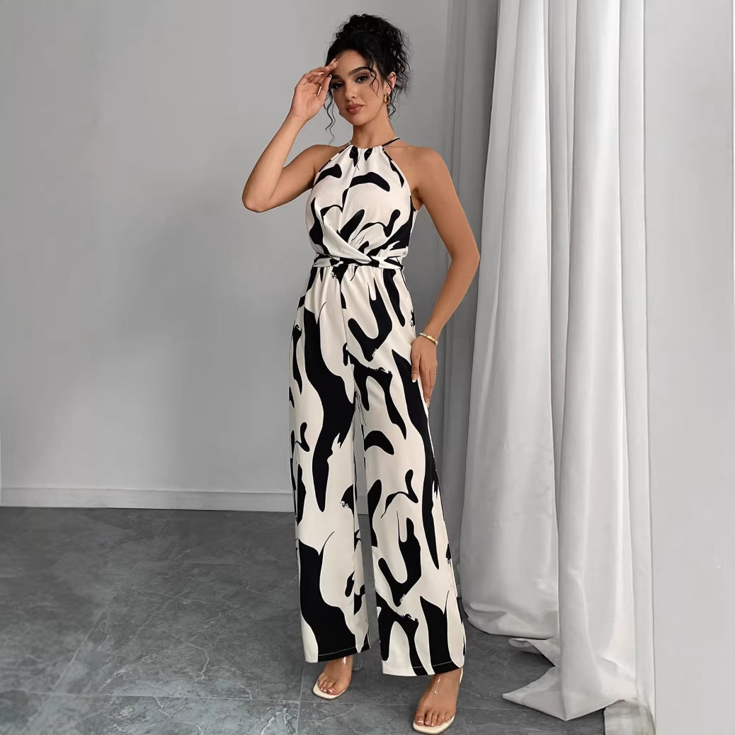 Women's Milk Pattern Halter Spaghetti Straps Backless Women's Jumpsuit/clothing