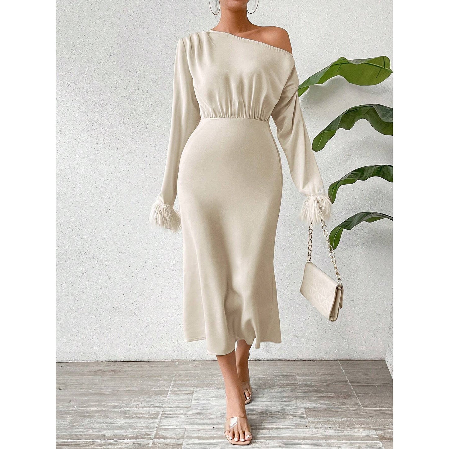 Women's New Asymmetric Shoulder Pleated Dress Dresses