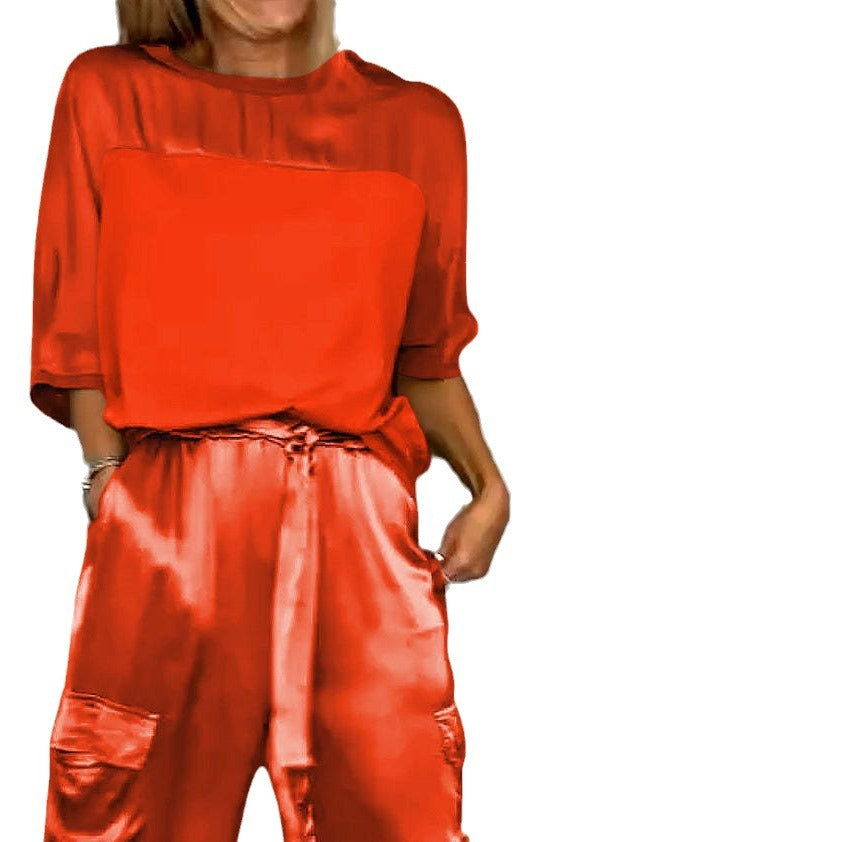 Women's Smooth Satin Short-sleeved Casual Two-piece Set Suits