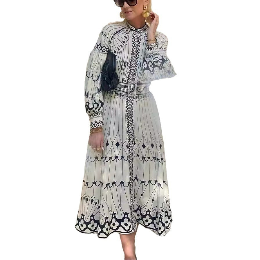 Women's Elegant Long Sleeve Belt Button Print Dresses