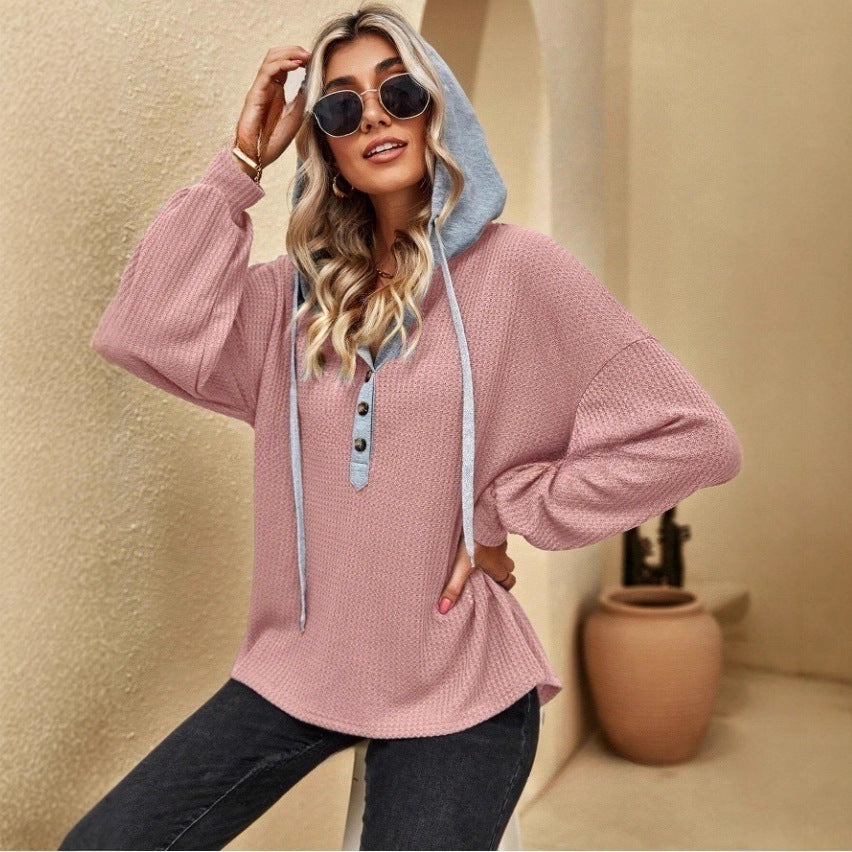 Women's Loose Hooded Casual Waffle Button Long Tops