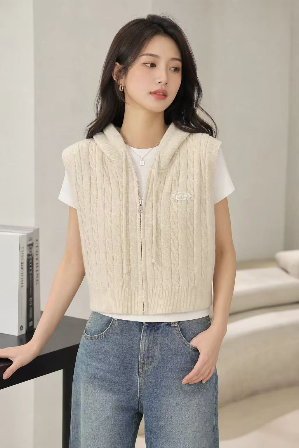 Women's Hooded Twist Waistcoat Outer Wear Loose Cardigans
