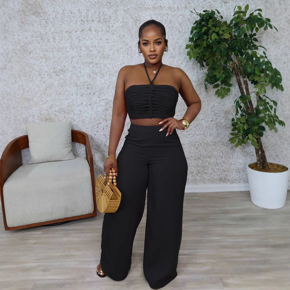 Smocking High Waist Loose Zip Trousers Suits