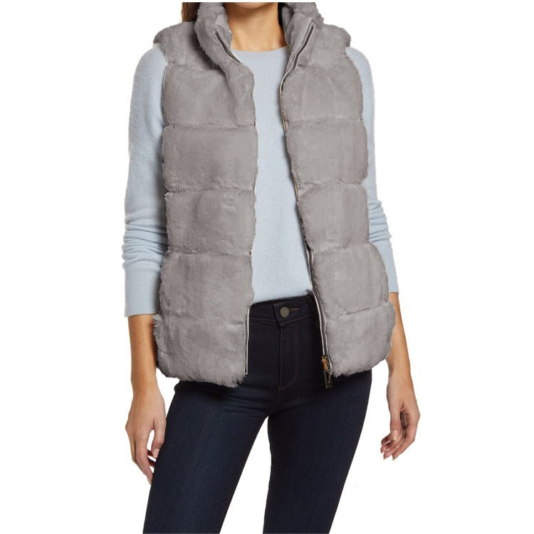 Women's Large Solid Color Stand Collar Plush Imitation Women's Vest