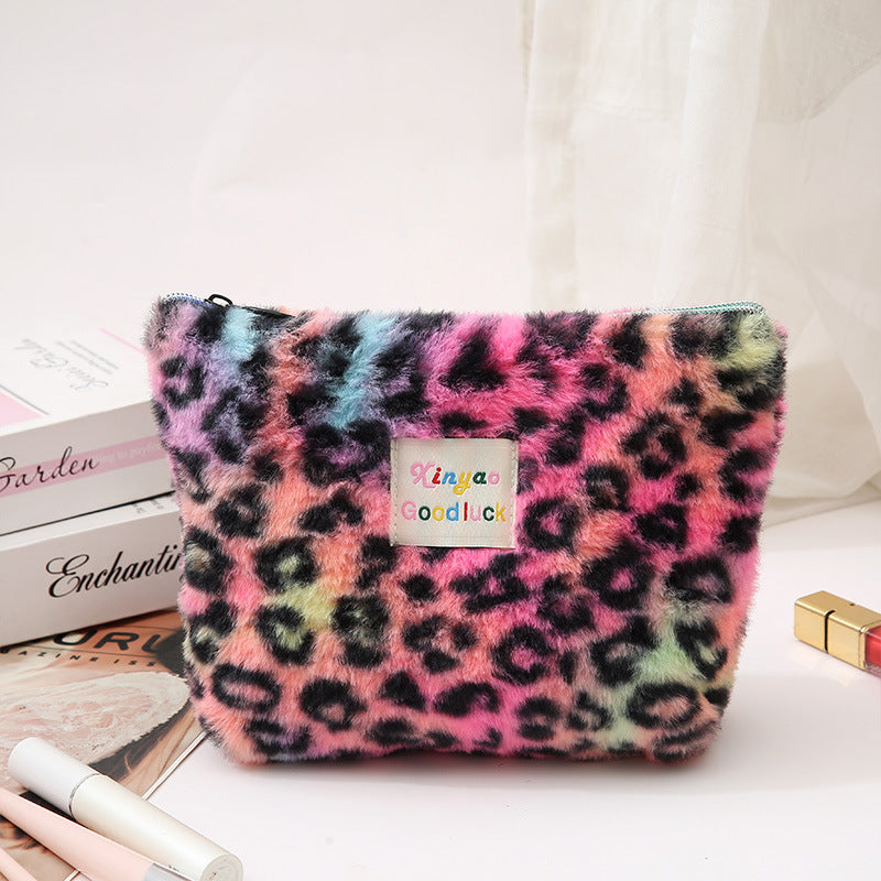 Plush Large Capacity Storage Leopard Print Hand-held Make-up Cosmetic Bags