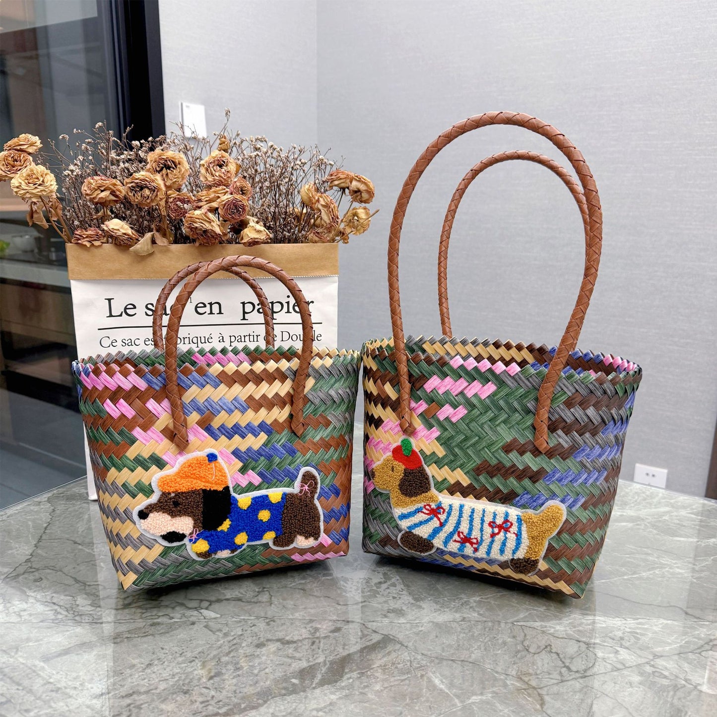 Women's Vintage Stripe Sausage Dog Woven Commuter Handbags