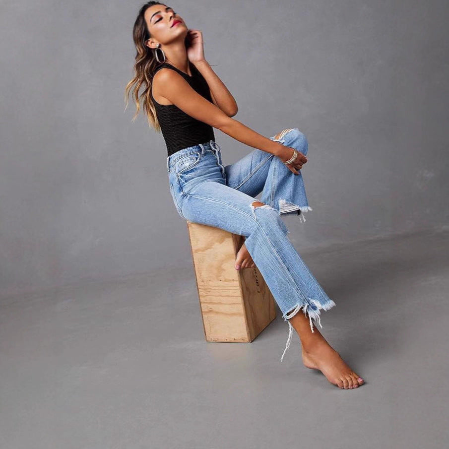 Women's Ripped Tassel Personality Street High Waist Straight Casual Wide Leg Clothing