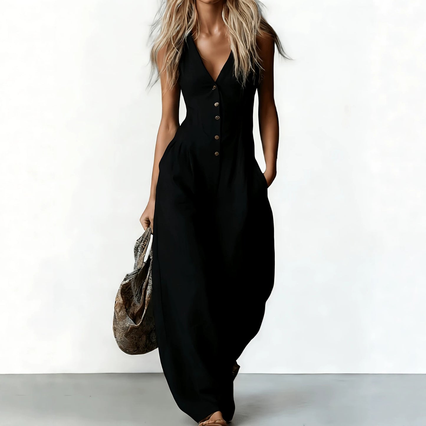 Women's Summer Sleeveless Solid Color Elegant Deep Women's Jumpsuit/clothing