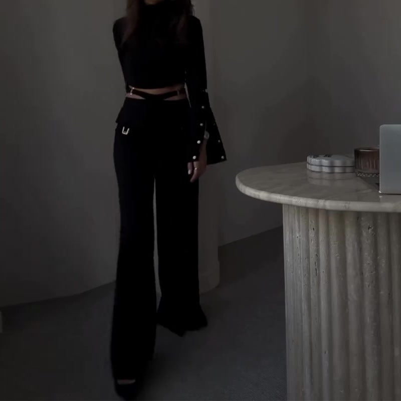 Women's Autumn Turtleneck Solid Color Navel Sweet Spicy Style Loose Suits