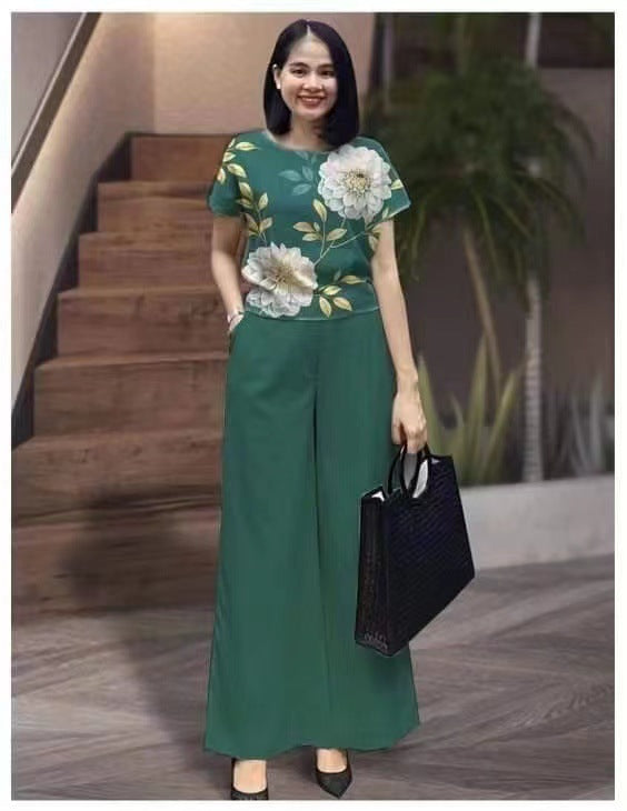Women's Color Loose Short-sleeved Printed Trousers Two-piece Set Fashion Casual Suit
