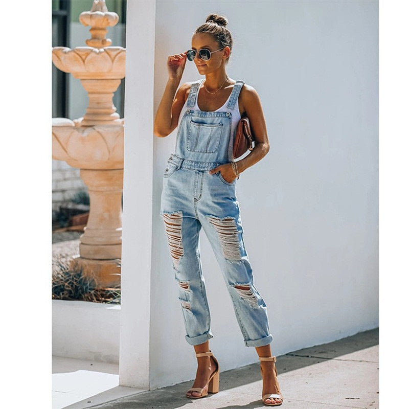Ripped Fashion One-piece Denim Brace Skinny Pants
