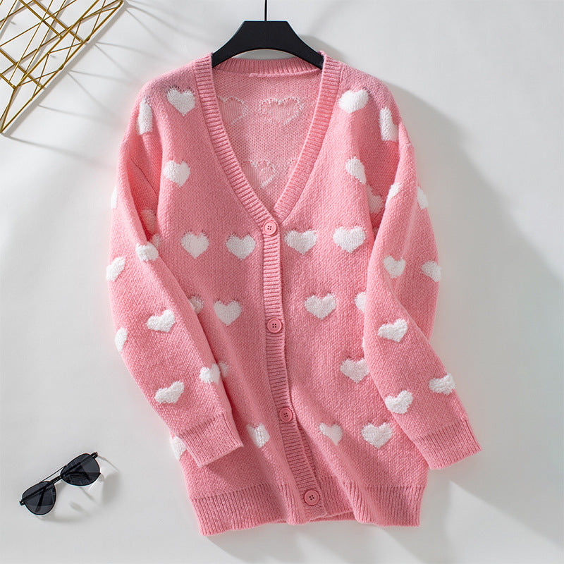 Women's Embroidery Heart Knitted Mid-length Button Sweet Sweaters