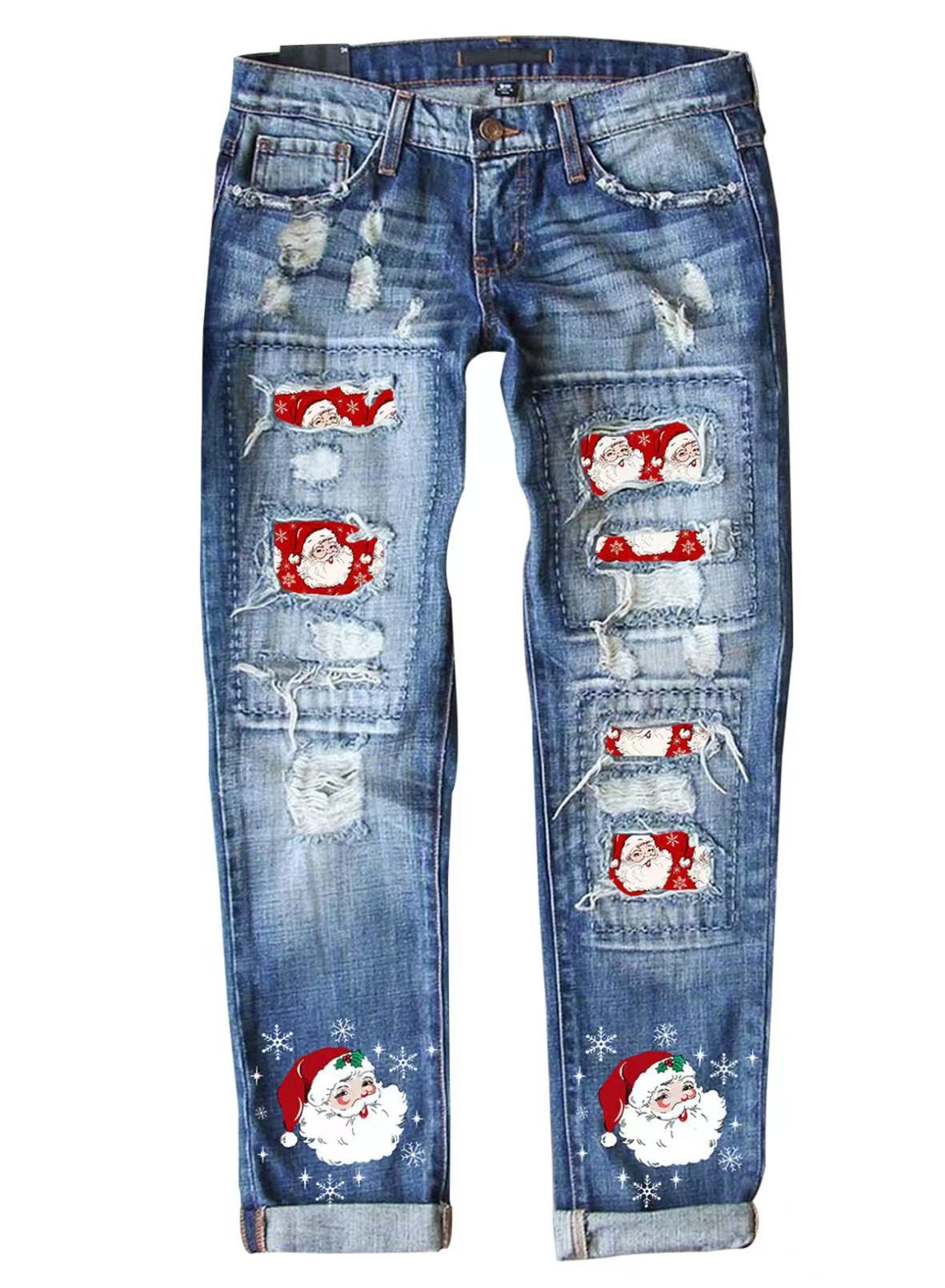 Women's Santa Claus Hole Patch Fashion Wash Pants
