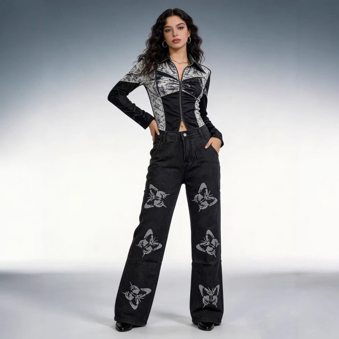 Women's Fashion Design Loose Printed Pattern Straight Women's Jeans