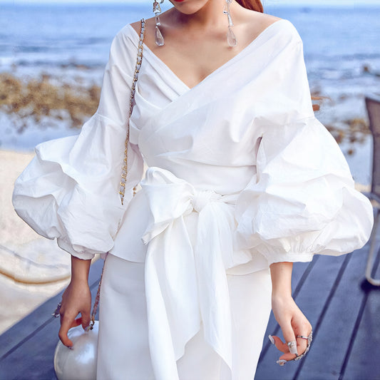 Women's Fashion Solid Color Sexy Crossover Lace Blouses