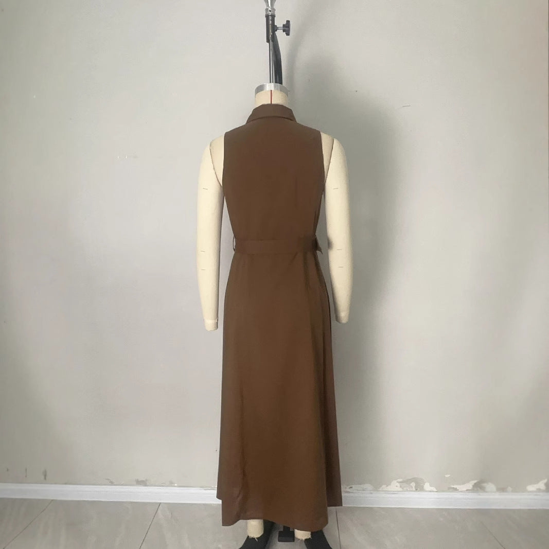 Sleeveless Solid Color Waist Tight Shirt Dresses