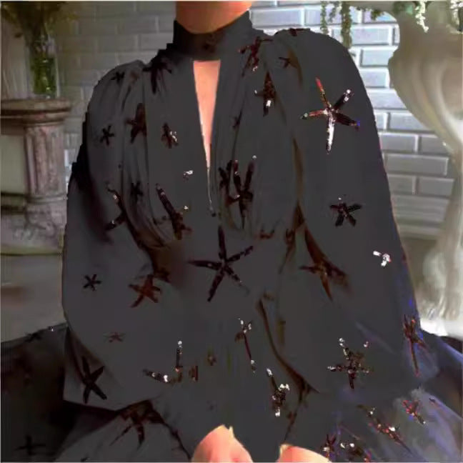 Turtleneck Sequined Slit Lantern Sleeve Formal Dresses