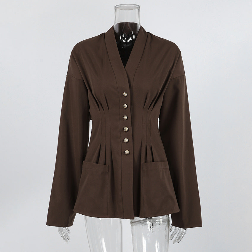 Women's Slim Waist Retro Pleated Slimming Early Blouses