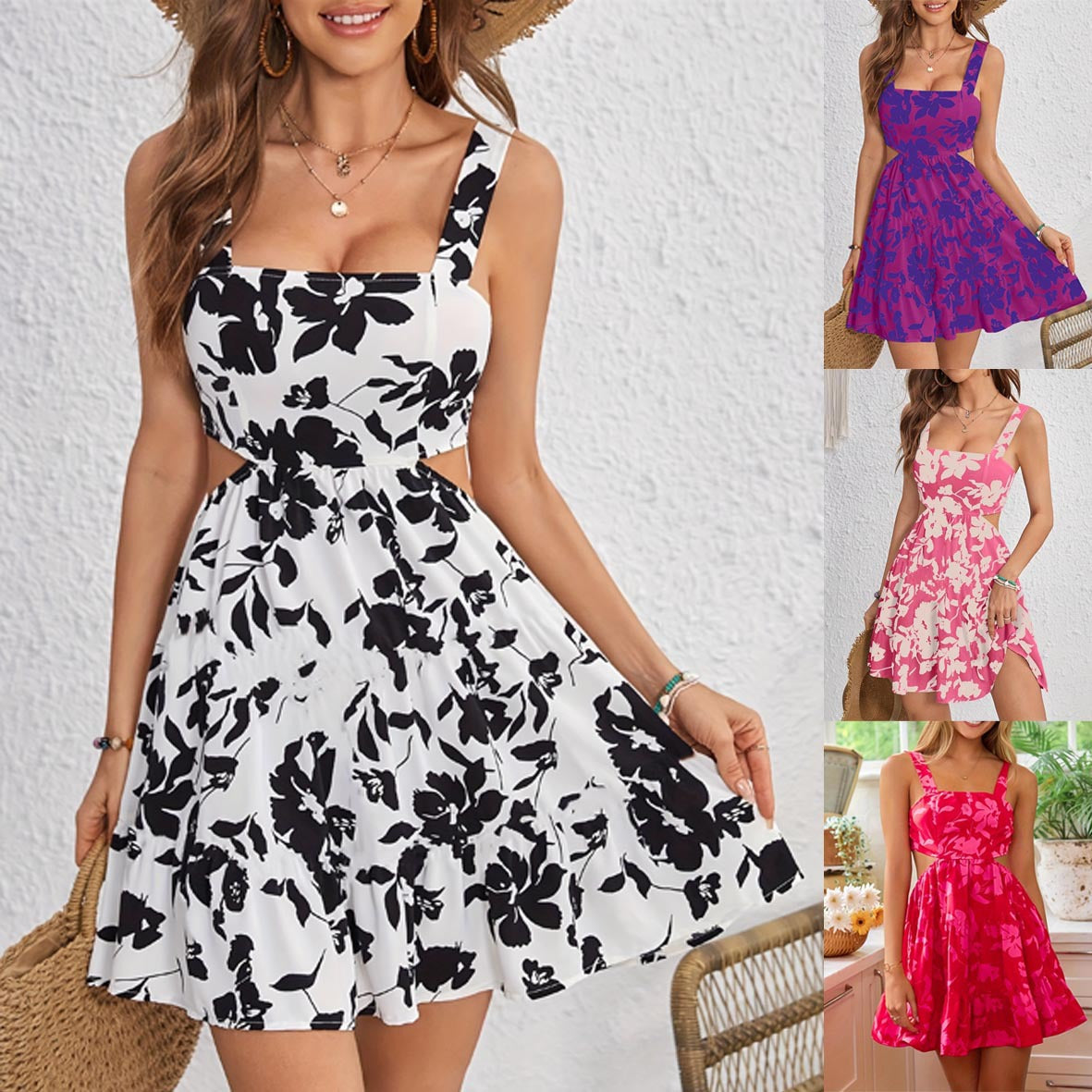 Stylish Summer Midriff Outfit Floral Strap Dress