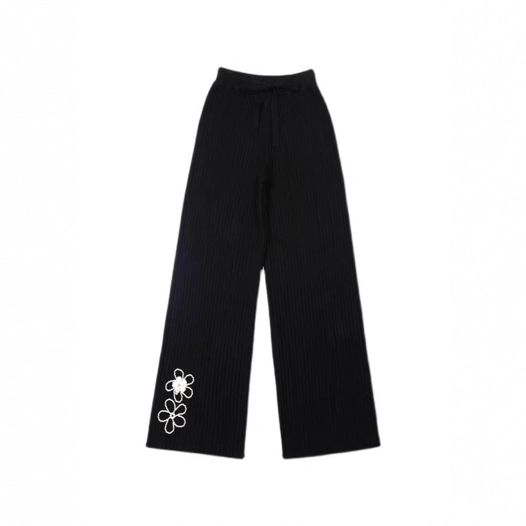 Women's Beige Autumn Design Pearl Flower Straight Pants