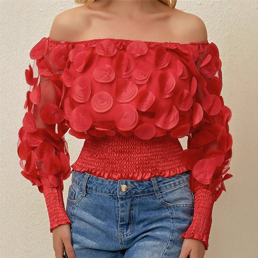 Women's Fashion Black Mesh Three-dimensional Flower Puff Jumpsuits