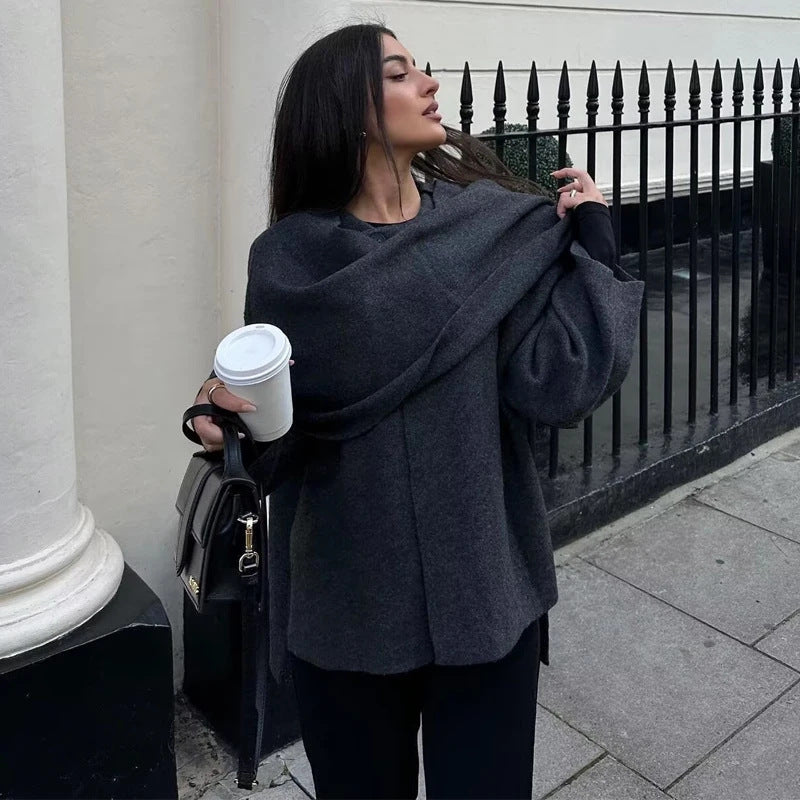 Women's Graceful Asymmetric Scarf Knitted Overcoat Jackets