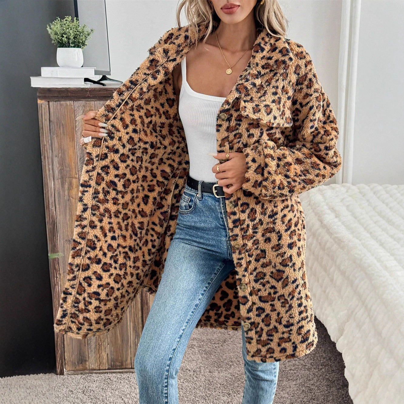 Women's Fashion Loose Casual Mid-length Fur Leopard Coats