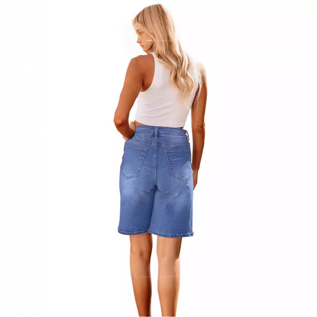 Women's Summer Washed Elastic Waist Denim Cropped Women's Jeans