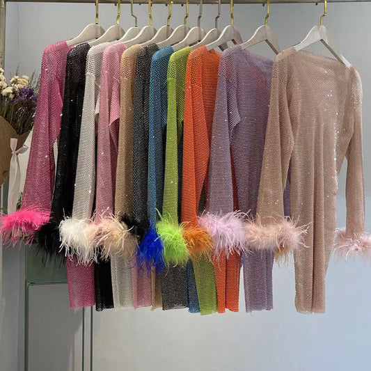 Fashion Luxury Hollow Mesh Ostrich Feather Slimming Bottoming Dresses