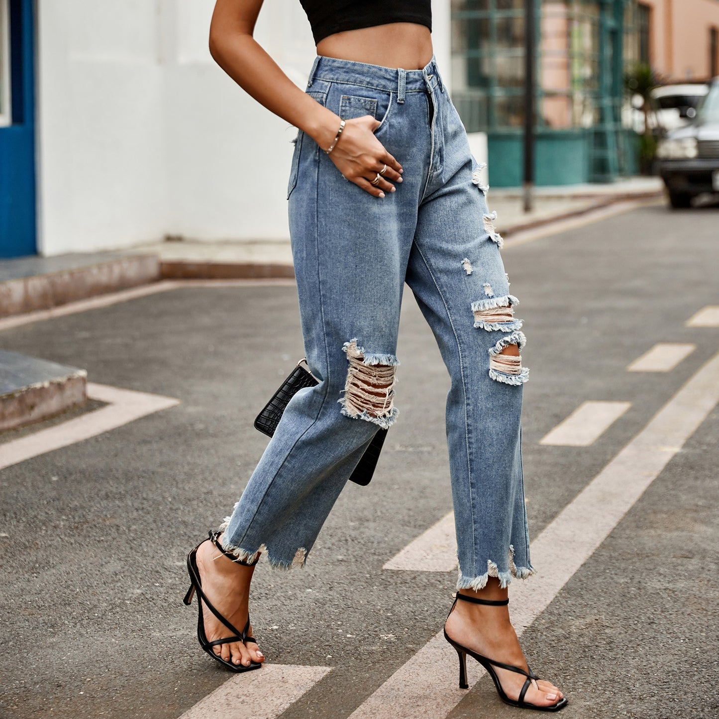 Women's Raw Hem Ripped Slim Fit Slimming Straight Women's Jeans