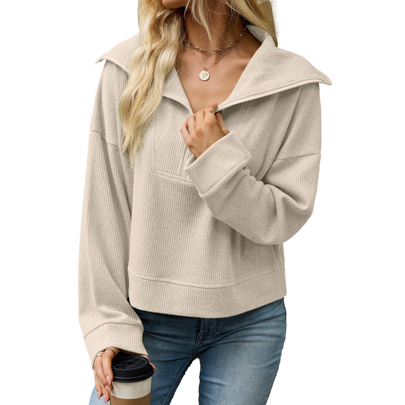 Women's Solid Color Polo Collar Zipper Loose Long Tops