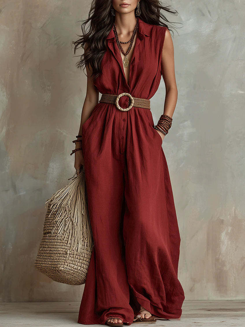 Women's Vacation Style Sleeveless Lapel Waist Tight Slimming Wide Leg Casual Women's Jumpsuit/clothing