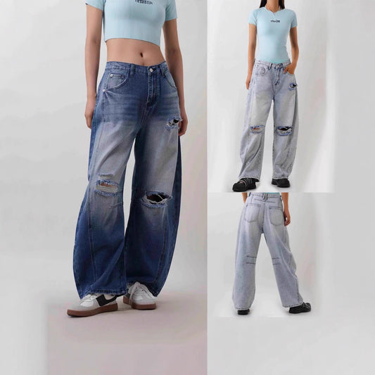 Women's Loose Hole Vintage Denim Trousers Jeans