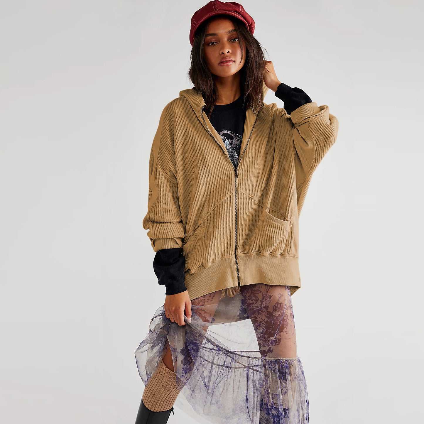 Women's Waffle Zipper Idle Style Loose Wear Cardigans