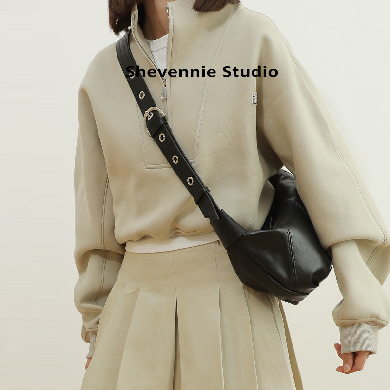 Niche Lazy Commuter Real Leather Wide Crossbody Bags