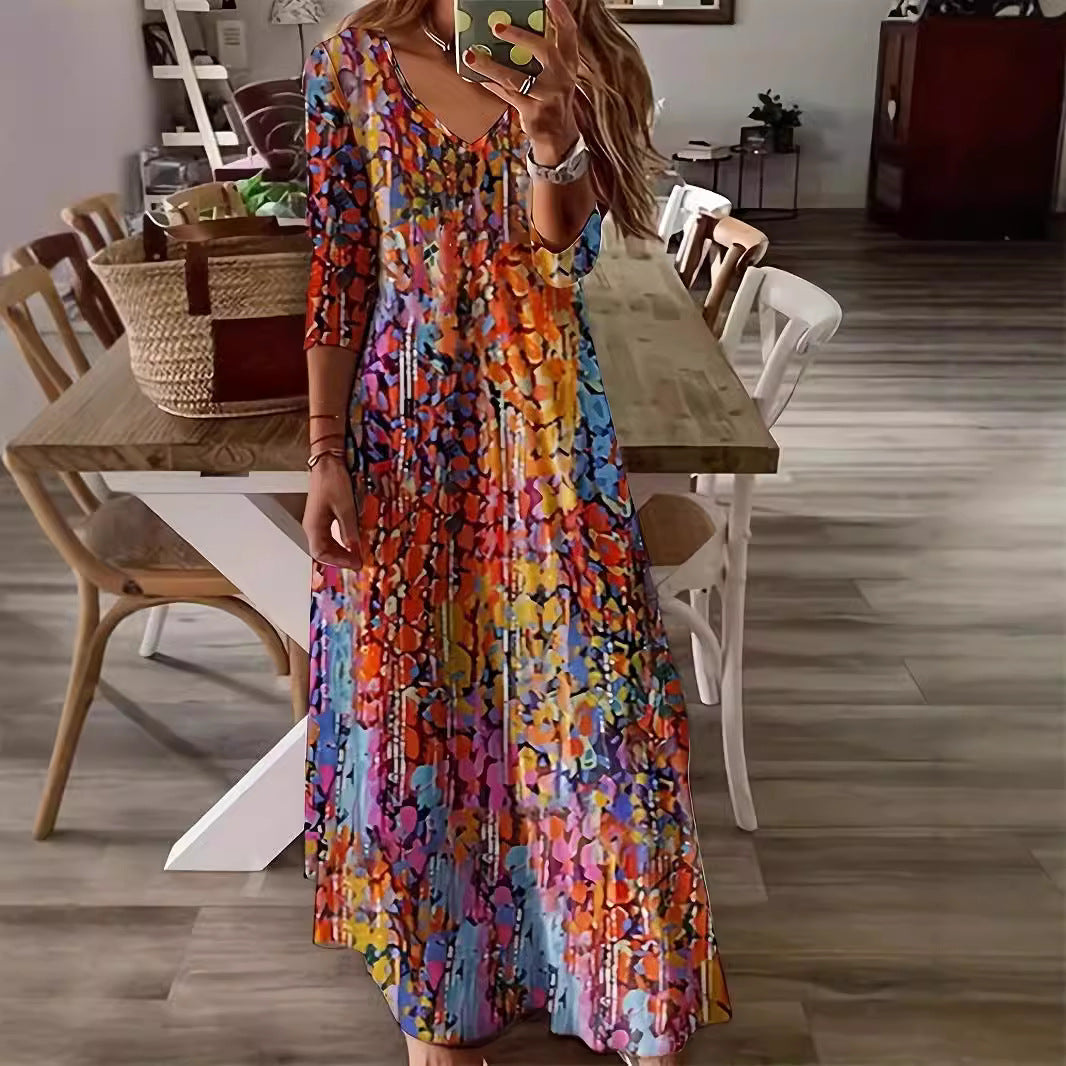 Women's Temperament Printed Long-sleeved Large Swing Dress