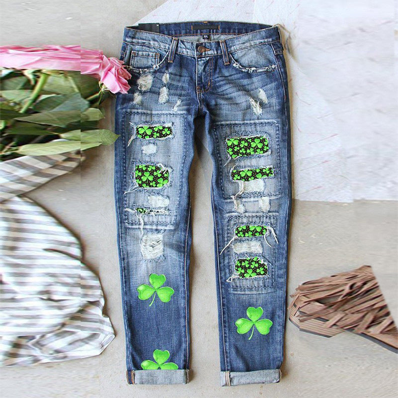 Women's Clover Printed Mid Waist Straight Jeans